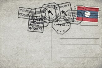 Laos Vintage Postcard with Flag Stamp and City Postmarks