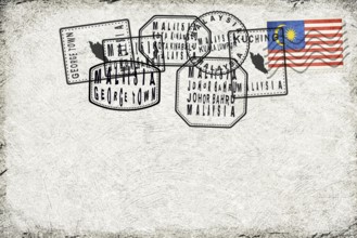Malaysia Vintage Postcard with Flag Stamp and City Postmarks