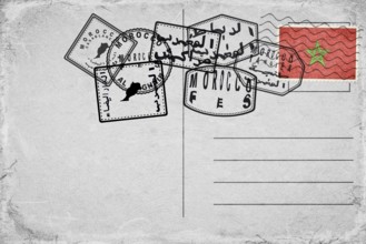 Morocco Vintage Postcard with Flag Stamp and City Postmarks