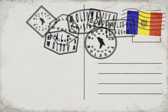 Moldova Vintage Postcard with Flag Stamp and City Postmarks