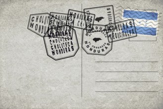 Honduras Vintage Postcard with Flag Stamp and City Postmarks