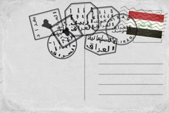 Iraq Vintage Postcard with Flag Stamp and City Postmarks