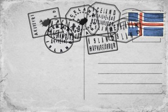 Iceland Vintage Postcard with Flag Stamp and City Postmarks