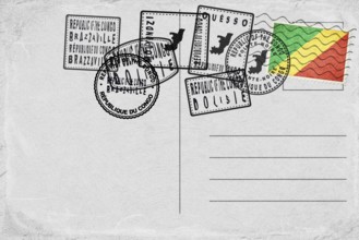 Republic of the Congo Vintage Postcard with Flag Stamp and City Postmarks