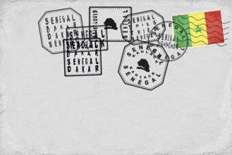 Senegal Vintage Postcard with Flag Stamp and City Postmarks