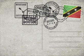 Saint Kitts and Nevis Vintage Postcard with Flag Stamp and City Postmarks