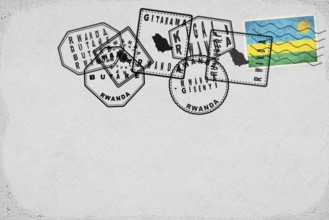 Rwanda Vintage Postcard with Flag Stamp and City Postmarks