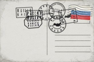 Russia Vintage Postcard with Flag Stamp and City Postmarks