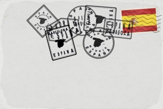 Spain Vintage Postcard with Flag Stamp and City Postmarks