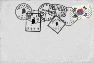 South Korea Vintage Postcard with Flag Stamp and City Postmarks