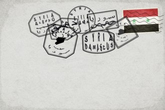 Syria Vintage Postcard with Flag Stamp and City Postmarks