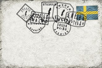 Sweden Vintage Postcard with Flag Stamp and City Postmarks