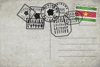 Suriname Vintage Postcard with Flag Stamp and City Postmarks