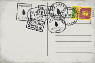 Sri Lanka Vintage Postcard with Flag Stamp and City Postmarks