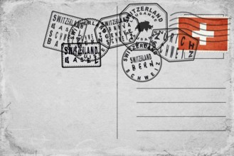 Switzerland Vintage Postcard with Flag Stamp and City Postmarks