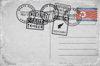 North Korea Vintage Postcard with Flag Stamp and City Postmarks