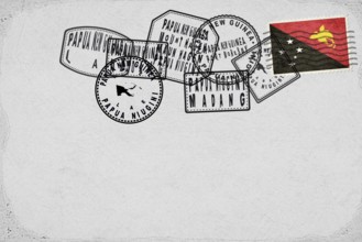 Papua New Guinea Vintage Postcard with Flag Stamp and City Postmarks
