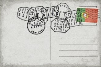 Portugal Vintage Postcard with Flag Stamp and City Postmarks