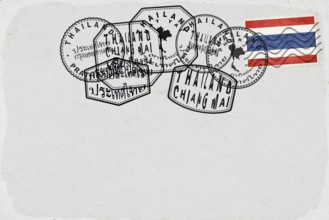 Thailand Vintage Postcard with Flag Stamp and City Postmarks