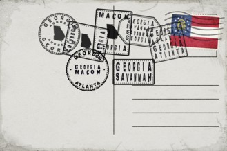 Georgia Vintage Postcard with Flag Stamp and City Postmarks