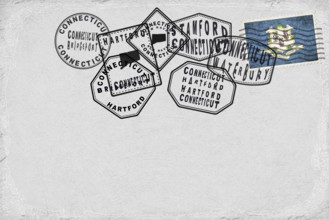 Connecticut Vintage Postcard with Flag Stamp and City Postmarks