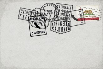 California Vintage Postcard with Flag Stamp and City Postmarks