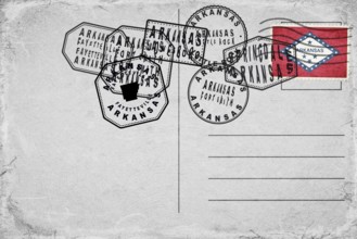 Arkansas Vintage Postcard with Flag Stamp and City Postmarks
