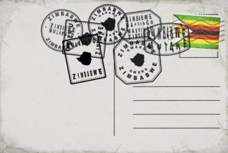 Zimbabwe Vintage Postcard with Flag Stamp and City Postmarks