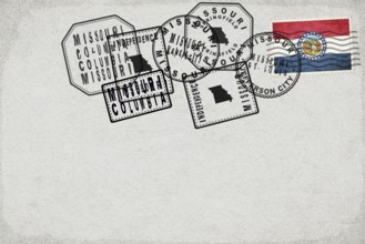 Missouri Vintage Postcard with Flag Stamp and City Postmarks