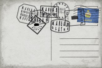 Kansas Vintage Postcard with Flag Stamp and City Postmarks