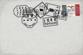 Iowa Vintage Postcard with Flag Stamp and City Postmarks