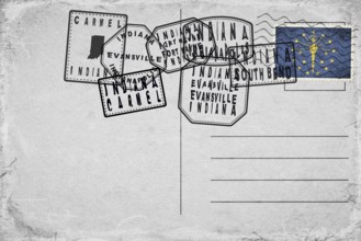 Indiana Vintage Postcard with Flag Stamp and City Postmarks