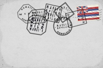 Hawaii Vintage Postcard with Flag Stamp and City Postmarks