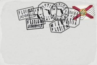 Florida Vintage Postcard with Flag Stamp and City Postmarks