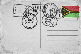 Vanuatu Vintage Postcard with Flag Stamp and City Postmarks