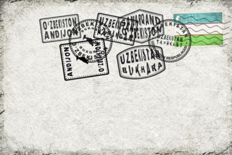 Uzbekistan Vintage Postcard with Flag Stamp and City Postmarks