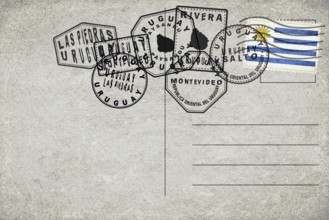 Uruguay Vintage Postcard with Flag Stamp and City Postmarks