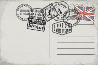 United Kingdom Vintage Postcard with Flag Stamp and City Postmarks
