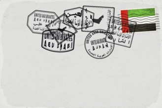 United Arab Emirates Vintage Postcard with Flag Stamp and City Postmarks