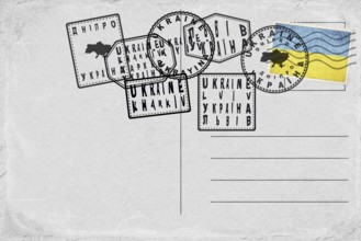 Ukraine Vintage Postcard with Flag Stamp and City Postmarks