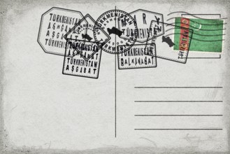 Turkmenistan Vintage Postcard with Flag Stamp and City Postmarks