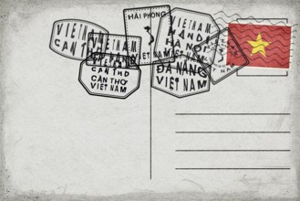 Vietnam Vintage Postcard with Flag Stamp and City Postmarks