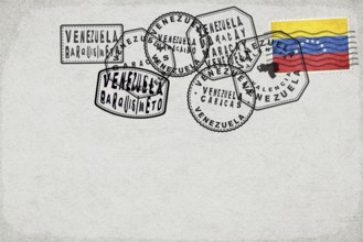 Venezuela Vintage Postcard with Flag Stamp and City Postmarks