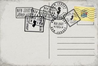New Jersey Vintage Postcard with Flag Stamp and City Postmarks
