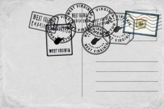 West Virginia Vintage Postcard with Flag Stamp and City Postmarks