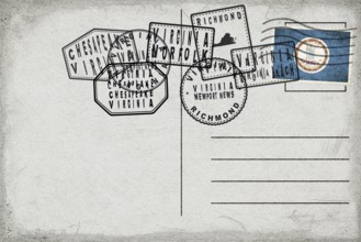 Virginia Vintage Postcard with Flag Stamp and City Postmarks