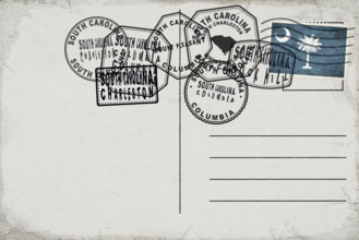 South Carolina Vintage Postcard with Flag Stamp and City Postmarks