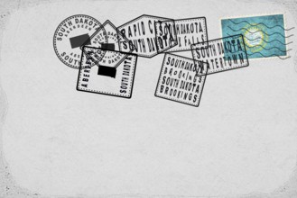 South Dakota Vintage Postcard with Flag Stamp and City Postmarks