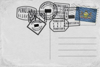 Pennsylvania Vintage Postcard with Flag Stamp and City Postmarks