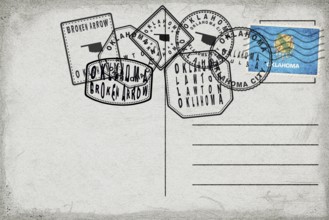 Oklahoma Vintage Postcard with Flag Stamp and City Postmarks